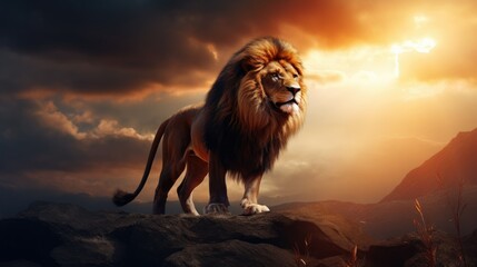 powerful image of a majestic lion, standing on a savannah hill, the rays of the sun burning through...