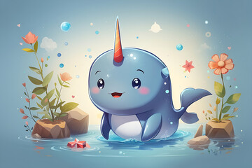 This cute cartoon illustration of a narwhal generated by AI.