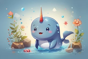 Tuinposter This cute cartoon illustration of a narwhal generated by AI. © Sakib