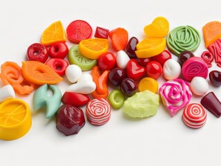 Un colorido surtido de dulces dispersos sobre un fondo blanco prístino, cada uno con su propia forma y sabor únicos - obrazy, fototapety, plakaty