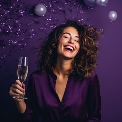 Woman Celebrating New Years Eve on a violet Background with Space for Copy - generative AI
