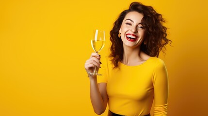 Woman Celebrating New Years Eve on a Yellow Background with Space for Copy - generative AI