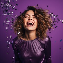 Woman Celebrating New Years Eve on a violet Background with Space for Copy - generative AI