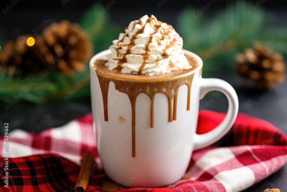 Sticker hot chocolate in a white mug with whipped cream on top