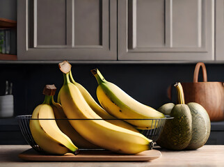 Realistic bananas long shot warm cozy kitchen.