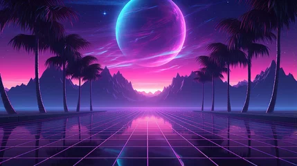 Poster Im Rahmen cool retrowave or synthwave style poster wallpaper background, night grid poster © Intelligence Studio