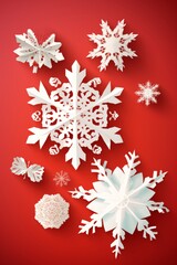 Merry Christmas and happy new year card. Paper cut snowflakes on red background. 