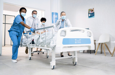 Healthcare, patient and group of doctors rushing for surgery, diagnosis or treatment in hospital....