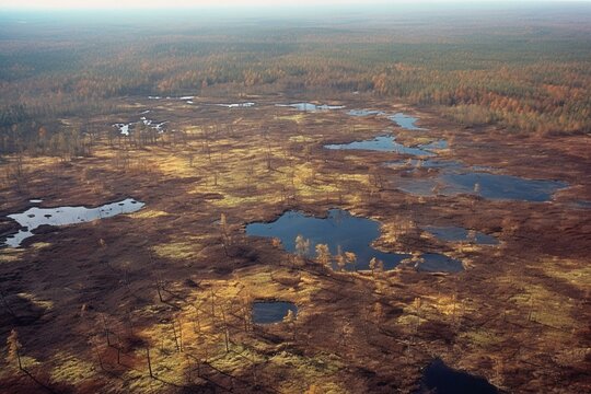 Aerial view of bog landscape depicting natural features and areas damaged by peat extraction, causing significant negative impact. Generative AI