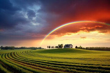 A colorful arc above crops, with a tiny rural dwelling far away. Generative AI