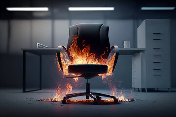 Burning office chair on black background. Burnout syndrome, deadline, burnout at work concept. Armchair on fire as a symbol of stress, restless, anxiety, mental health problems, anger, panic, overwork - obrazy, fototapety, plakaty