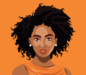 Portrait of a black African girl. Avatar, icon. Curly hair. Hairstyle. Poster card for Women's Day. Vector flat illustration