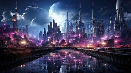 Fototapeta na wymiar Futuristic Cyberpunk Cityscape at Night. Skyscrapers, Flying Cars, Neon Lights - 3D Digital Art
