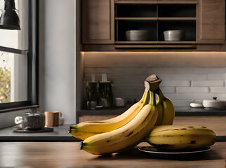 Detailed hyperrealistic bananas in cozy kitchen.