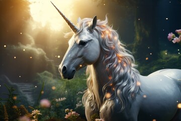 A magnificent, sparkling unicorn in a lush mountain clearing. This photorealistic image exudes naturalism, featuring cinematic composition and lighting. Created using AI technology 