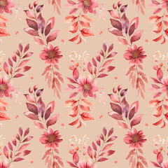 Fototapeta na wymiar Seamless pattern with flowers and leaves, Vintage floral pattern golden orange flowers, for wallpaper or fabric. Elegant template for fashion prints, scrapbooking. modern illustration 