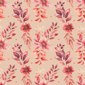 Seamless pattern with flowers and leaves, Vintage floral pattern golden orange flowers,  for wallpaper or fabric. Elegant template for fashion prints, scrapbooking. modern illustration 