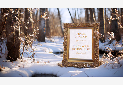 Snowy forest Mirror Frame Mockup with Trees, Branches, and Stream - Perfect for Christmas and New Year Stock Photos Frame Mockup Christmas New Year