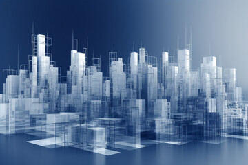 Fototapeta premium Abstract 3d cityscape view makes of transparent light blue buildings, AI generated