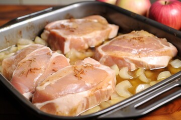 uncooked pork chops having apple sauce generously slathered onto them