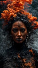 Obraz premium portrait of a woman with smoke and fire, a double exposure photo illustration