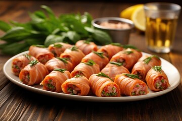a plate of cold pigs in blankets on a wooden table