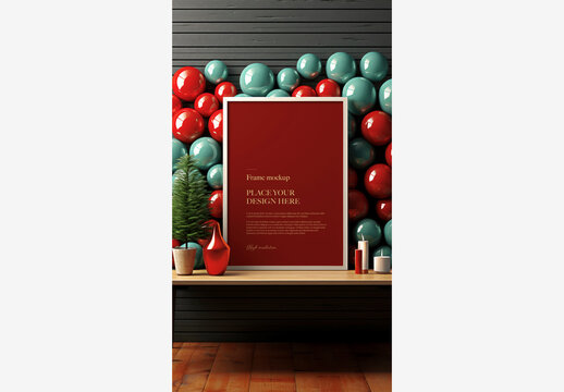 Frame Mockup: Festive Christmas New Year Decoration with Picture Frame, Vase, Candle Holder, Balloons, Tree, and Potted Plant on Wall Frame Mockup 