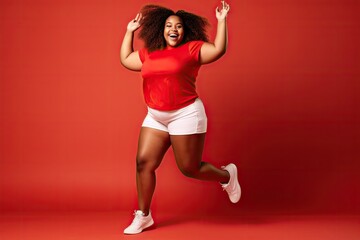 Plus size fit black african american woman enjoying a dance workout in a studio,color red background - Powered by Adobe
