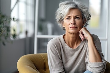old woman, visibly concerned, seated on a couch, highlighting the topic of mental health in seniors