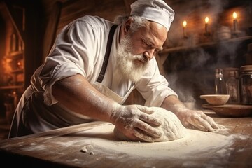 Old man hands kneading a dough on a wooden table. bread dough on wooden table in a bakery close up