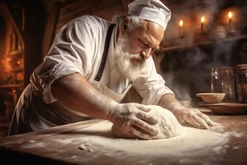 Gordijnen Old man hands kneading a dough on a wooden table. bread dough on wooden table in a bakery close up © Banana Images