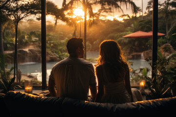Young couple traveler relaxing and enjoying the sunset with evening light by the tropical resort pool while traveling during summer vacation. - obrazy, fototapety, plakaty