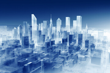 Obraz premium Abstract 3d cityscape view makes of transparent light blue buildings, AI generated