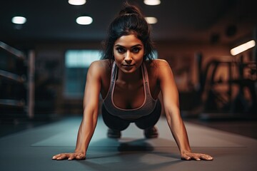Fototapeta na wymiar Fit woman performing push ups with determination in a well-equipped gym.