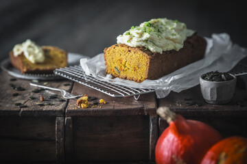 Vegan Pumpkin Loaf Cake with cream cheese frosting 