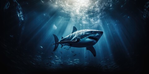 Fearsome great white shark lurking beneath the surface of the water,creating eerie underwater scene