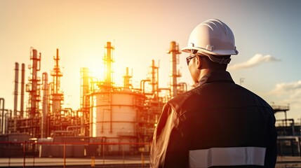 Experienced engineer in orange vest and hard hat stands before oil refinery