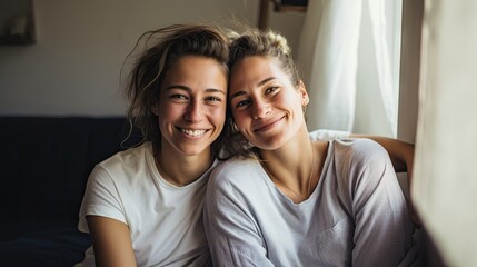 diverse lesbian couple, sitting on a comfortable couch, beaming with joy as they enjoy each other