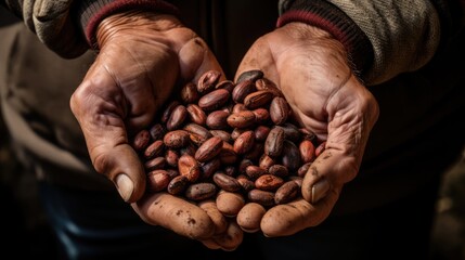 Close up of farmer hands holding coffee cherry after dry process. Organic product natural origin - obrazy, fototapety, plakaty