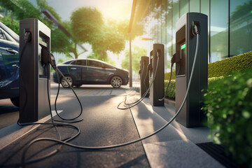 Row of charging station for EV electronic car set up on the parking lot. Green energy concept. 3d rendering.  - obrazy, fototapety, plakaty