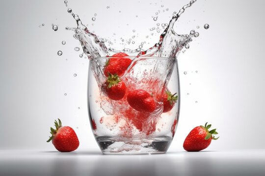 Refreshing water with strawberry 3D splash on white. Infused with berries, this healthy drink concept provides a pure, clean and flavorful experience. Generative AI