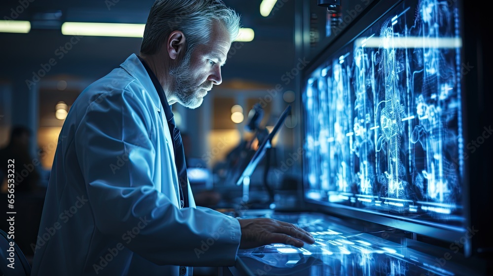 Poster a male scientist in a white lab coat intently examines a computer screen displaying data,