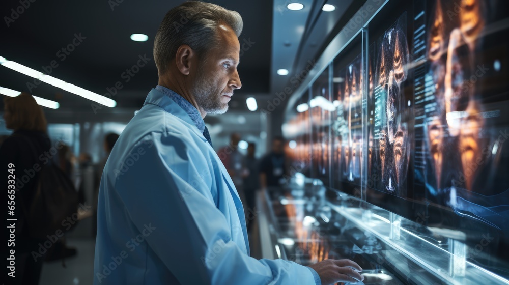 Poster a male scientist in a white lab coat intently examines a computer screen displaying data,