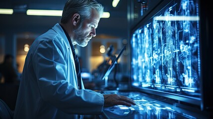A male scientist in a white lab coat intently examines a computer screen displaying data,