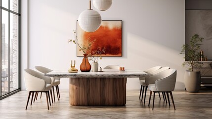 A modern living room with a marmer dining table as the centerpiece, vase of beautiful flowers.