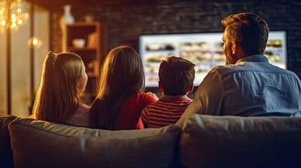 A happy family of four sitting together on a cozy couch, happy watching television.