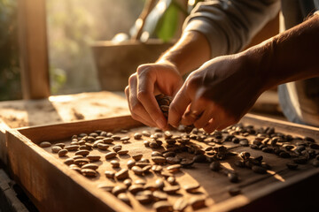 hands separating the best coffee beans - obrazy, fototapety, plakaty