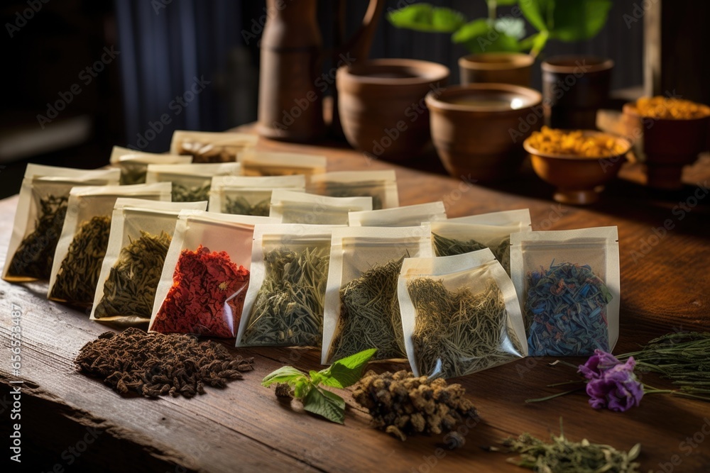 Canvas Prints collection of different herbal tea bags on wooden table