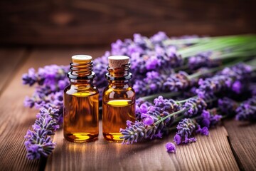 essential oils with lavender flowers on a wooden table