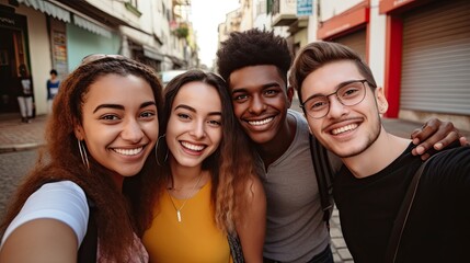 A cheerful group of friends,representing diverse ethnicities,smiling and posing together for selfie